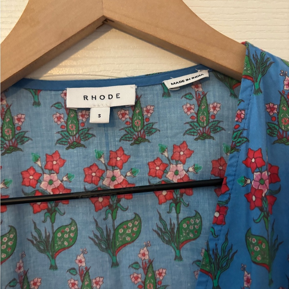 RHODE claudine blue floral wrap midi dress with puff sleeves - Picture 2 of 11